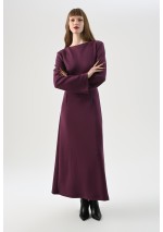 sukienka maxi z wiązaniem, fioletowa sukienka gorsetowa, sukienka z długim rękawem, dopasowana sukienka śliwkowa