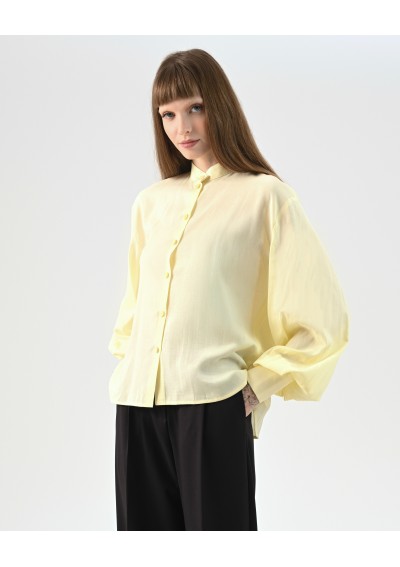 lniana koszula damska, żółta koszula z bufiastymi rękawami, bluzka z lnu, pastelowa koszula oversize